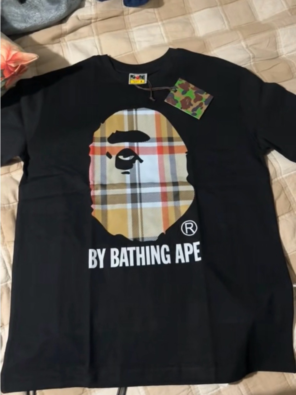 Bape Black Tee with Tan Plaid Ape Head